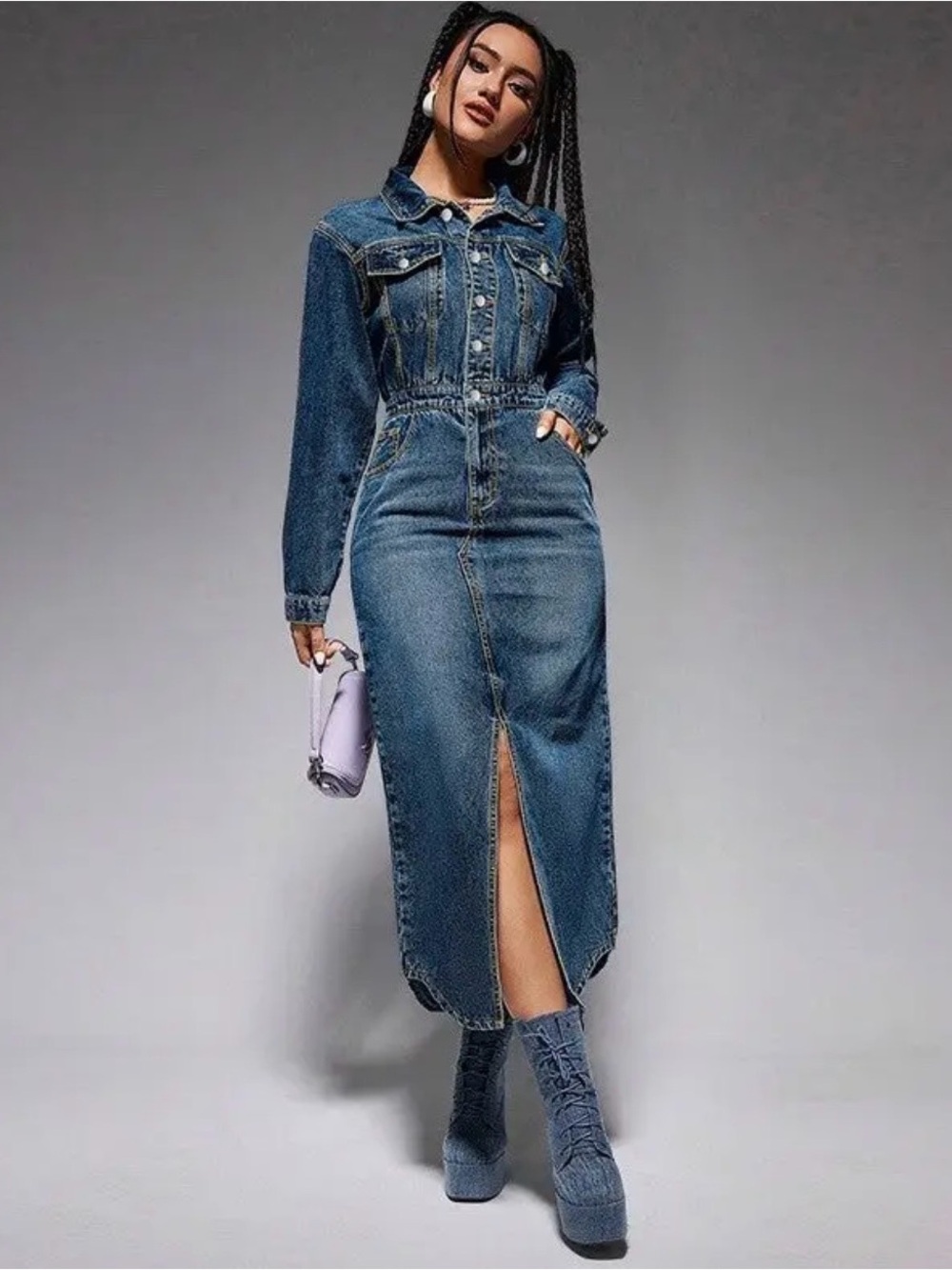 NWOT High-Waist Denim Midi Dress with Front and back split- Blue L
